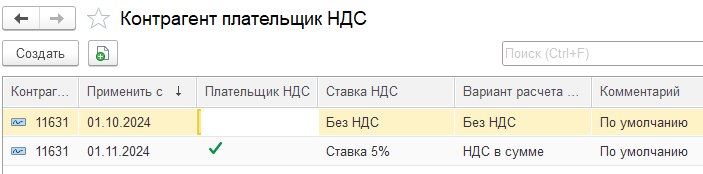 Хранение данных о ставке НДС контрагента на УСН